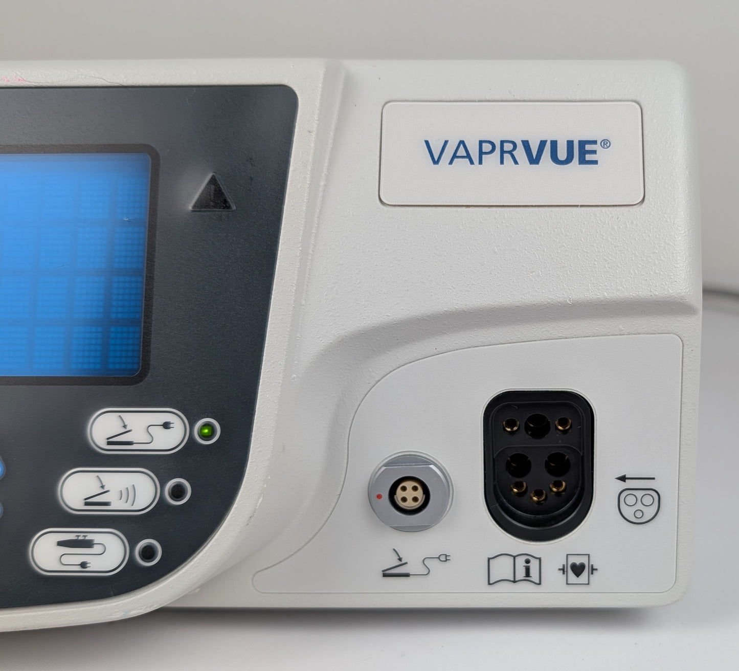 Vaprvue device with control panel and power connector on a white background